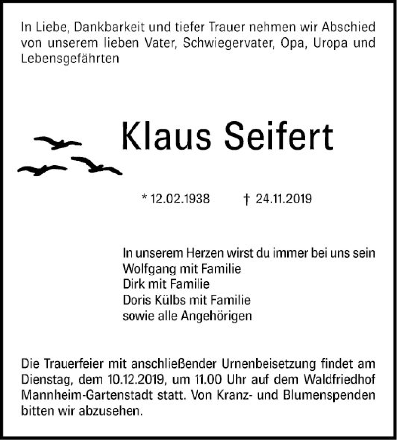  Traueranzeige für Klaus Seifert vom 07.12.2019 aus Mannheimer Morgen