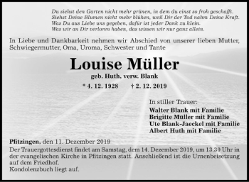 Traueranzeige von Louise Müller von Fränkische Nachrichten