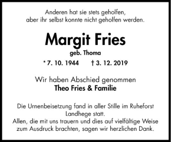 Traueranzeige von Margit Fries von Fränkische Nachrichten