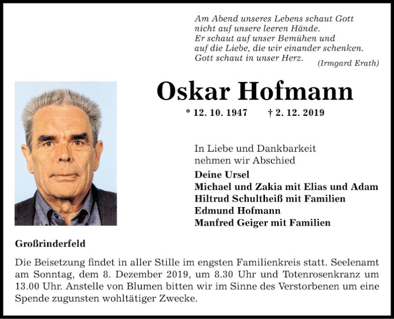  Traueranzeige für Oskar Hofmann vom 05.12.2019 aus Fränkische Nachrichten