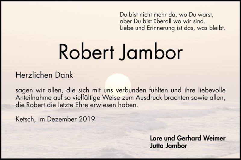  Traueranzeige für Robert Jambor vom 21.12.2019 aus Schwetzinger Zeitung
