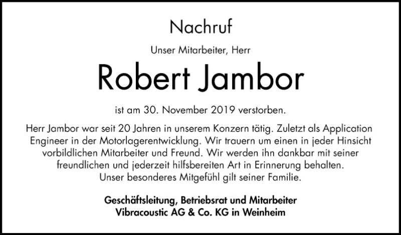  Traueranzeige für Robert Jambor vom 07.12.2019 aus Schwetzinger Zeitung