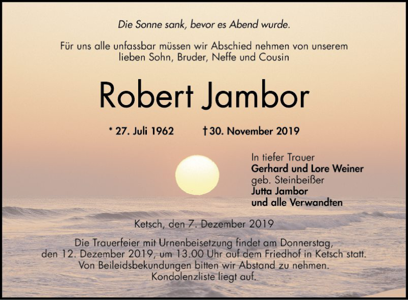  Traueranzeige für Robert Jambor vom 07.12.2019 aus Schwetzinger Zeitung