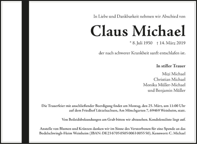 Traueranzeige für Claus Michael vom 20.03.2019 aus Mannheimer Morgen