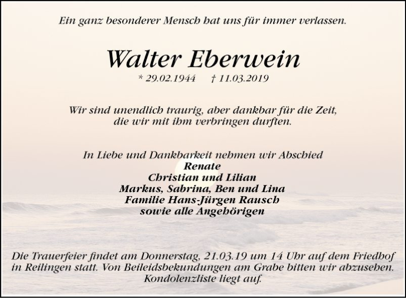  Traueranzeige für Walter Eberwein vom 16.03.2019 aus Schwetzinger Zeitung