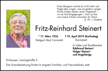 Traueranzeige von Fritz-Reinhard Steinert von Bergsträßer Anzeiger