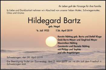 Traueranzeige von Hildegard Bartz von Schwetzinger Zeitung