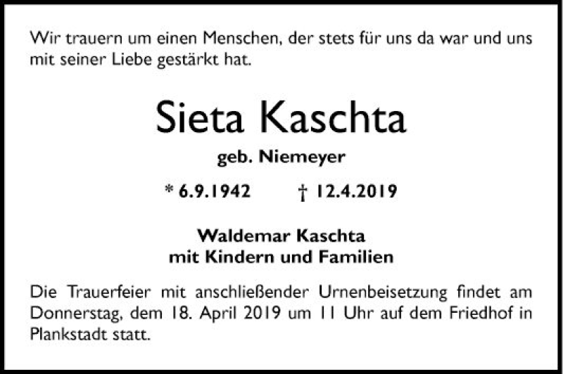  Traueranzeige für Sieta Kaschta vom 16.04.2019 aus Mannheimer Morgen