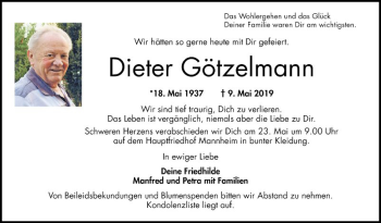 Traueranzeige von Dieter Götzelmann von Mannheimer Morgen
