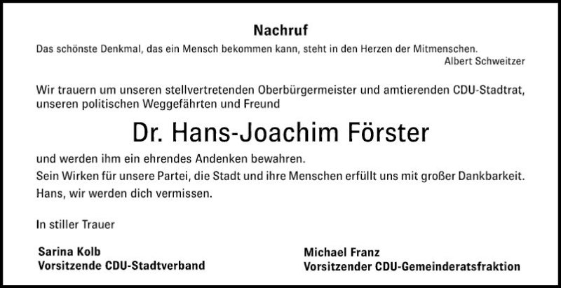  Traueranzeige für Hans-Joachim Förster vom 11.05.2019 aus Schwetzinger Zeitung