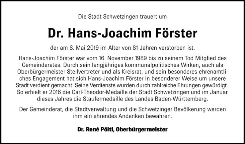  Traueranzeige für Hans-Joachim Förster vom 11.05.2019 aus Schwetzinger Zeitung