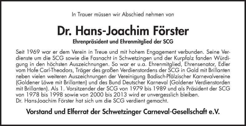  Traueranzeige für Hans-Joachim Förster vom 14.05.2019 aus Schwetzinger Zeitung