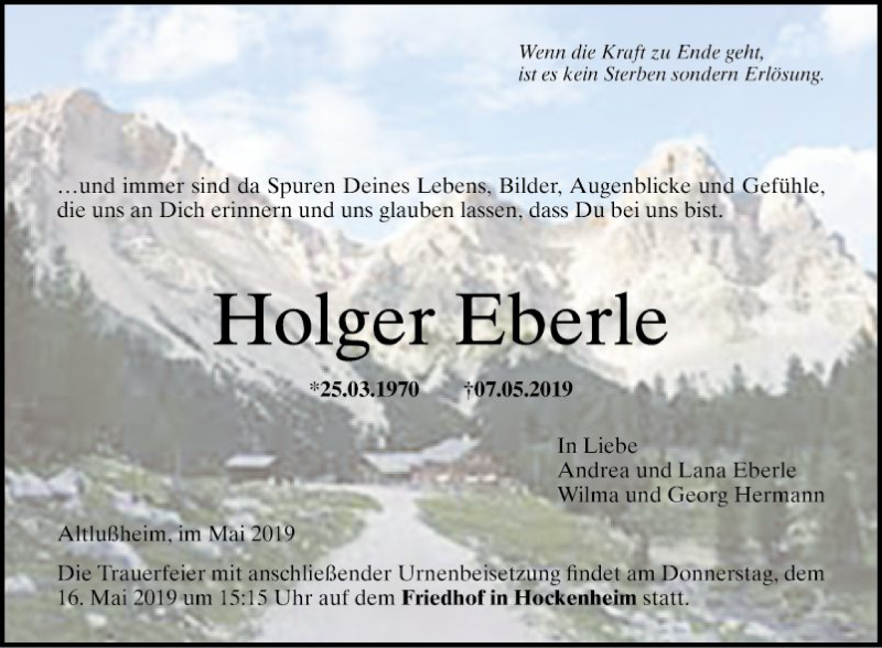  Traueranzeige für Holger Eberle vom 11.05.2019 aus Schwetzinger Zeitung