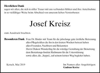 Traueranzeige von Josef Kreisz von Schwetzinger Zeitung