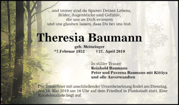 Traueranzeige von Theresia Baumann von Schwetzinger Zeitung