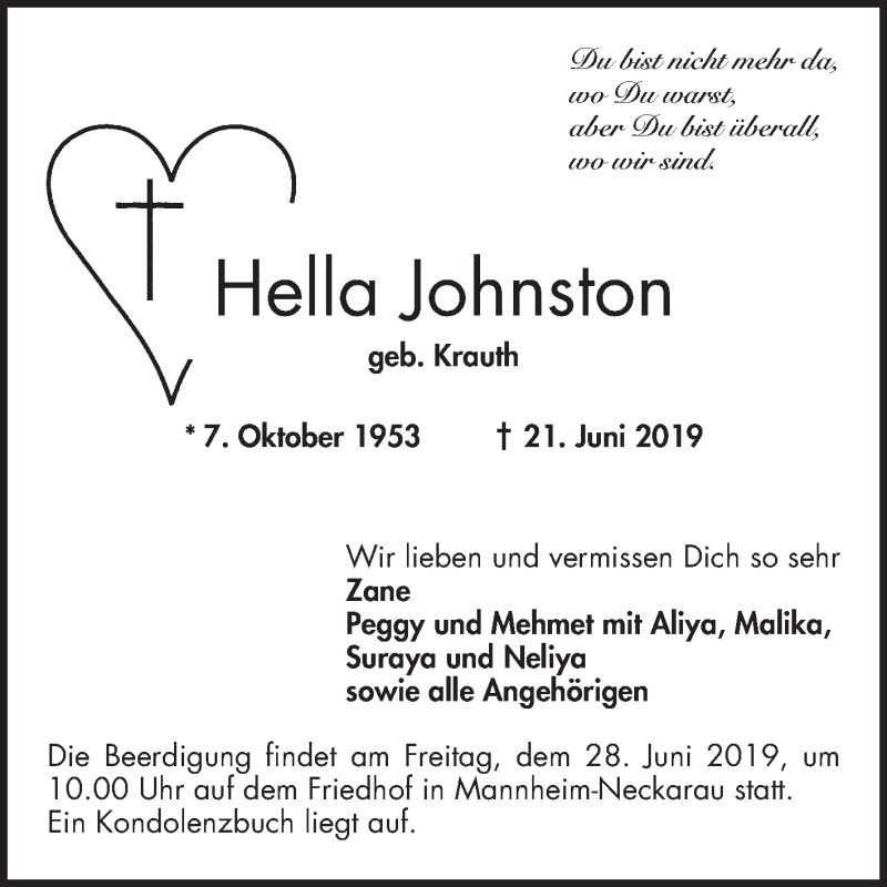 Traueranzeige für Hella Johnston vom 26.06.2019 aus Mannheimer Morgen