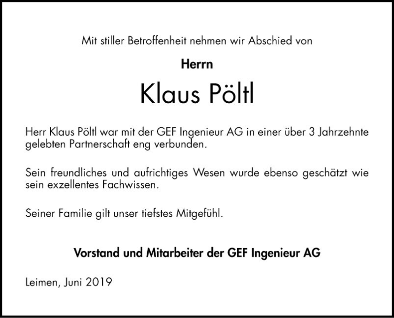  Traueranzeige für Klaus Pöltl vom 15.06.2019 aus Schwetzinger Zeitung