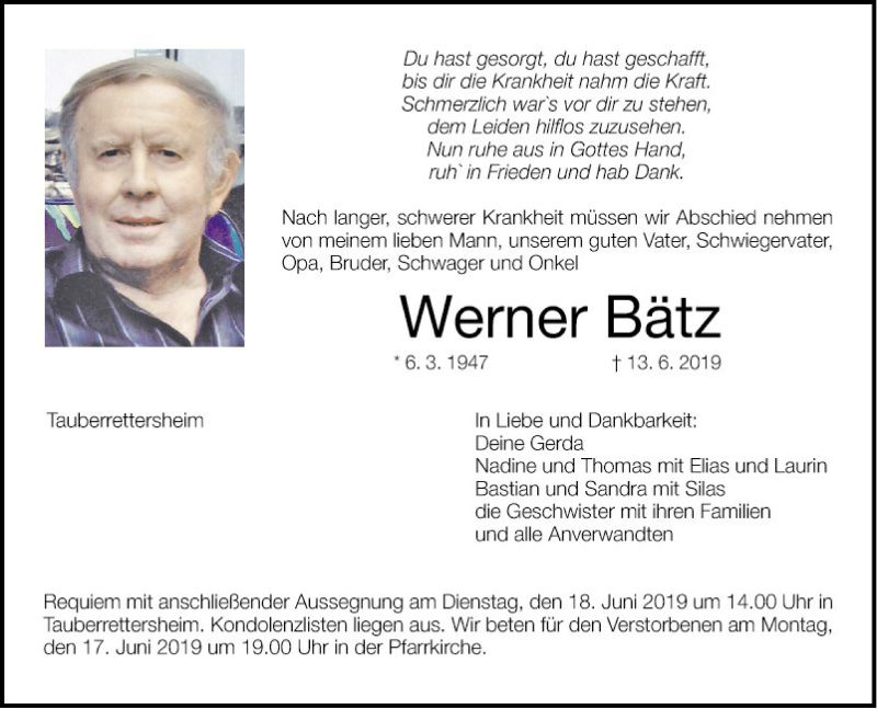  Traueranzeige für Werner Bätz vom 15.06.2019 aus Fränkische Nachrichten
