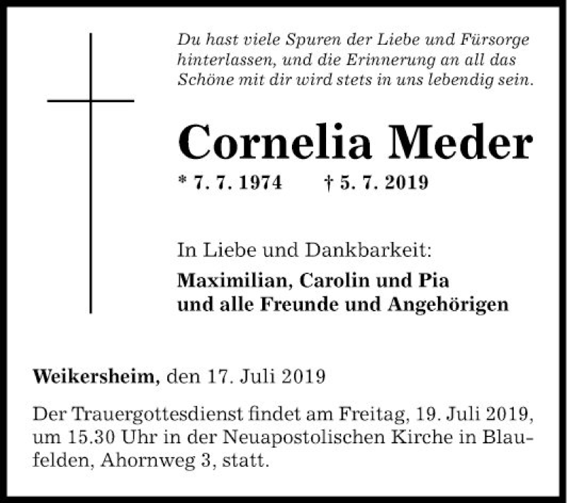  Traueranzeige für Cornelia Meder vom 17.07.2019 aus Fränkische Nachrichten