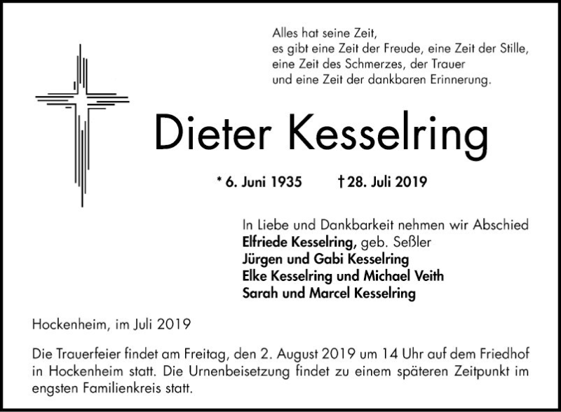  Traueranzeige für Dieter Kesselring vom 31.07.2019 aus Schwetzinger Zeitung