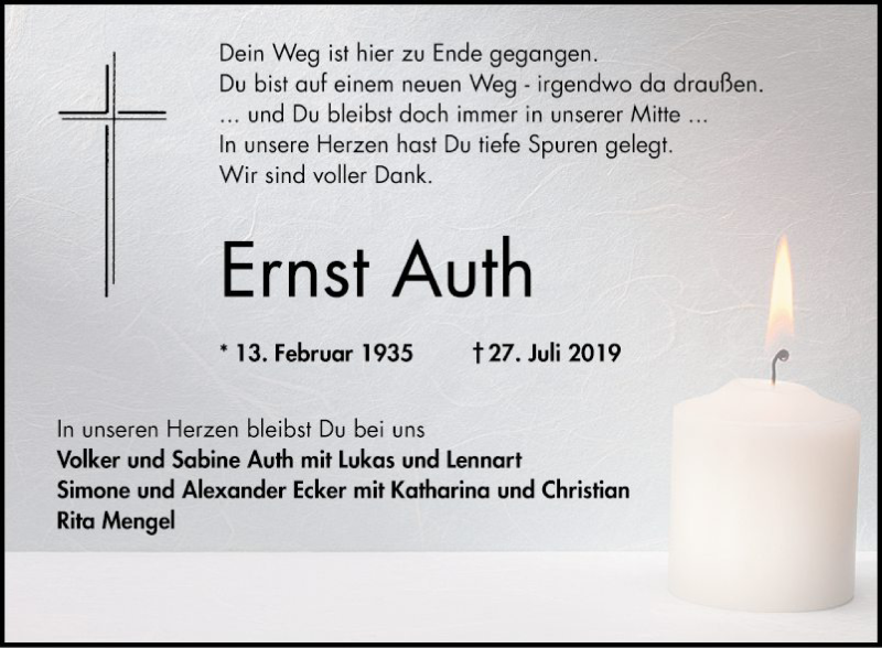  Traueranzeige für Ernst Auth vom 30.07.2019 aus Mannheimer Morgen