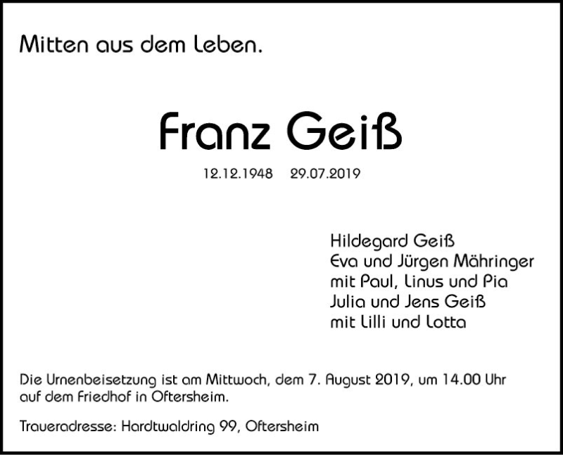  Traueranzeige für Franz Geiß vom 31.07.2019 aus Schwetzinger Zeitung