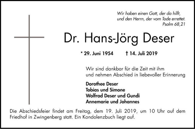  Traueranzeige für Hans-Jörg Deser vom 17.07.2019 aus Bergsträßer Anzeiger