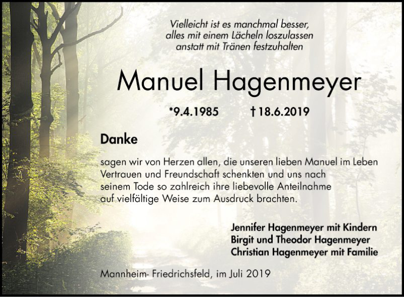  Traueranzeige für Manuel Hagenmeyer vom 20.07.2019 aus Mannheimer Morgen