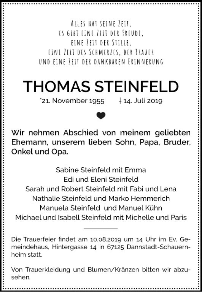  Traueranzeige für Thomas Steinfeld vom 18.07.2019 aus Mannheimer Morgen