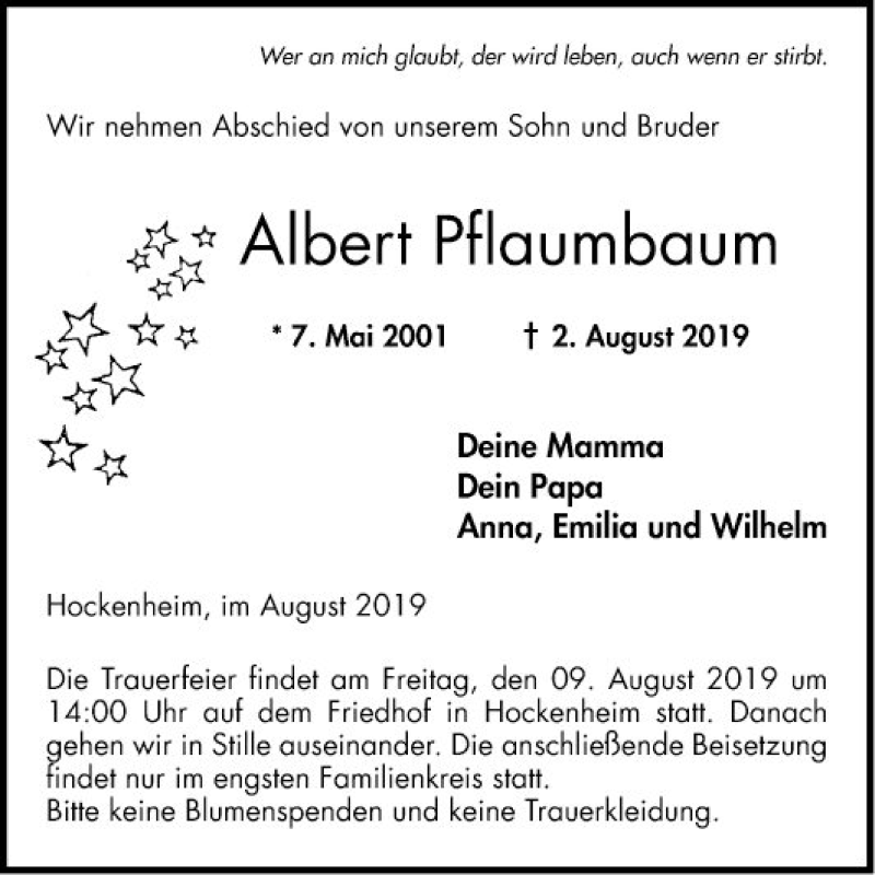  Traueranzeige für Albert Pflaumbaum vom 06.08.2019 aus Schwetzinger Zeitung