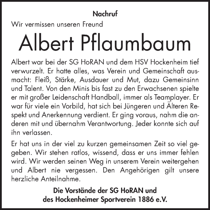  Traueranzeige für Albert Pflaumbaum vom 07.08.2019 aus Schwetzinger Zeitung