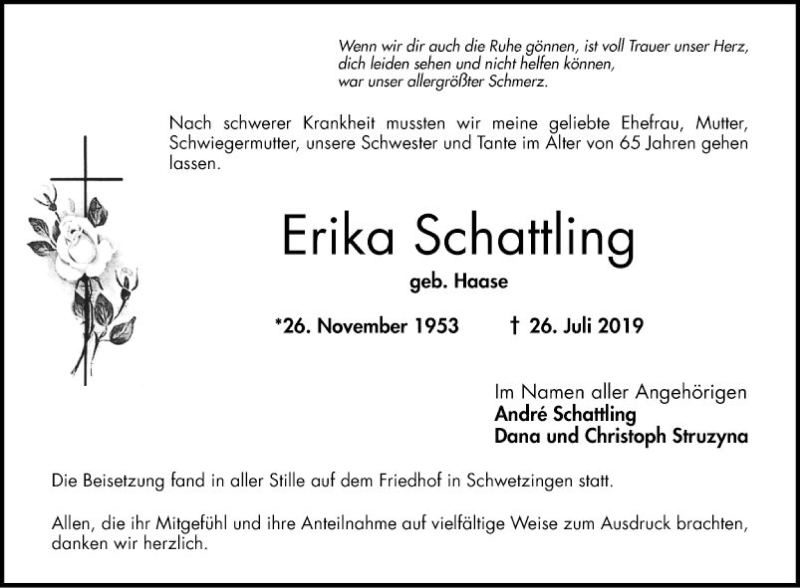  Traueranzeige für Erika Schattling vom 10.08.2019 aus Schwetzinger Zeitung