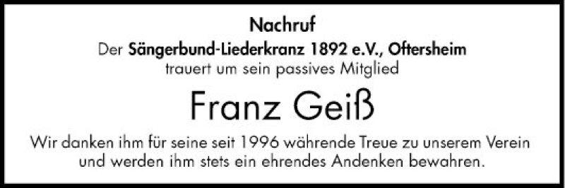  Traueranzeige für Franz Geiß vom 02.08.2019 aus Schwetzinger Zeitung