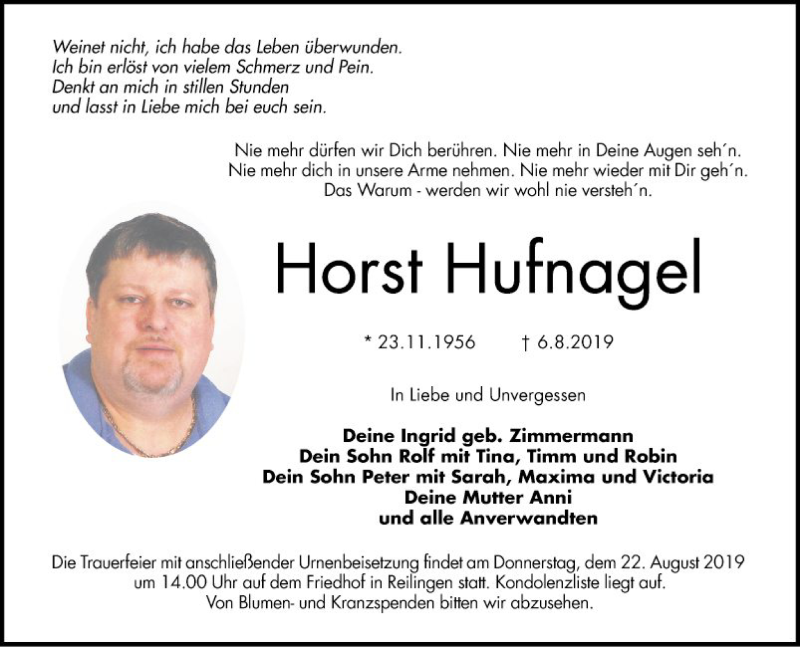  Traueranzeige für Horst Hufnagel vom 15.08.2019 aus Schwetzinger Zeitung