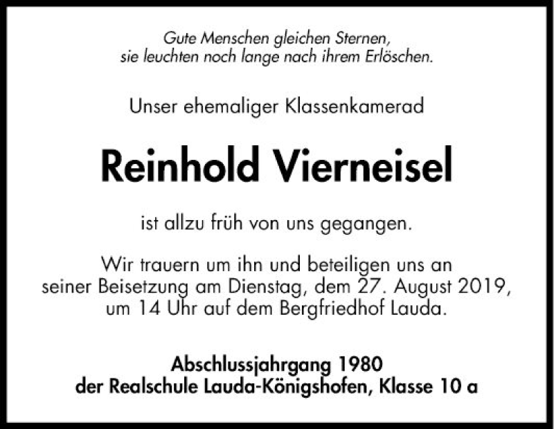  Traueranzeige für Reinhold Vierneisel vom 27.08.2019 aus Fränkische Nachrichten