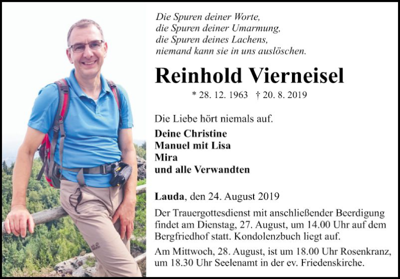  Traueranzeige für Reinhold Vierneisel vom 24.08.2019 aus Fränkische Nachrichten