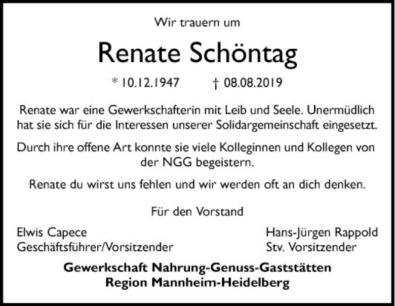  Traueranzeige für Renate Schöntag vom 24.08.2019 aus Mannheimer Morgen
