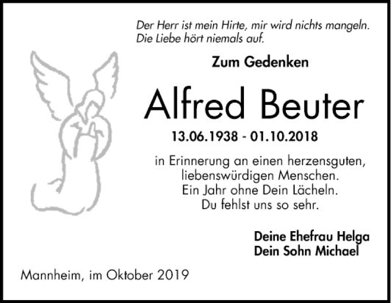  Traueranzeige für Alfred Beuter vom 01.10.2019 aus Mannheimer Morgen