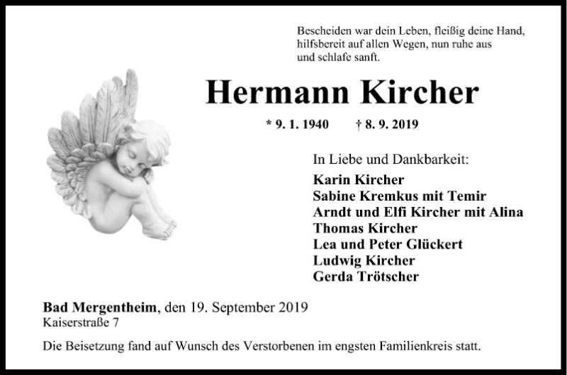  Traueranzeige für Hermann Kircher vom 19.09.2019 aus Fränkische Nachrichten