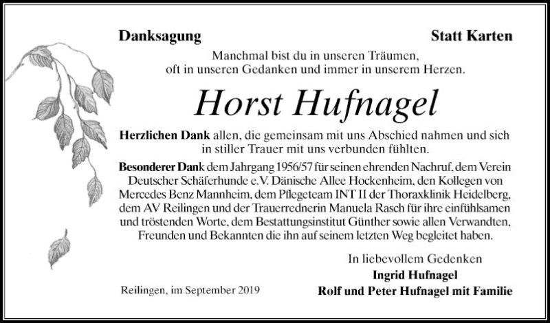  Traueranzeige für Horst Hufnagel vom 04.09.2019 aus Schwetzinger Zeitung