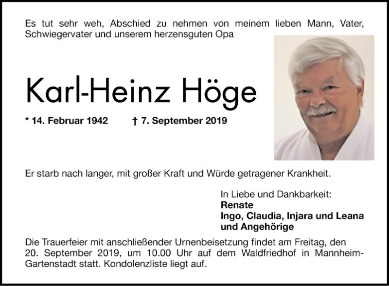 Traueranzeige für Karl-Heinz Höge vom 14.09.2019 aus 