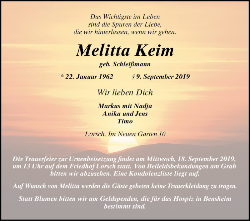  Traueranzeige für Melitta Keim vom 14.09.2019 aus 