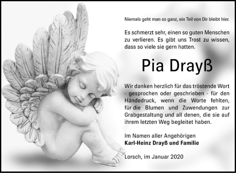  Traueranzeige für Pia Drayß vom 11.01.2020 aus Bergsträßer Anzeiger