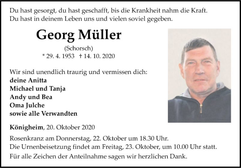  Traueranzeige für Georg Müller vom 20.10.2020 aus Fränkische Nachrichten