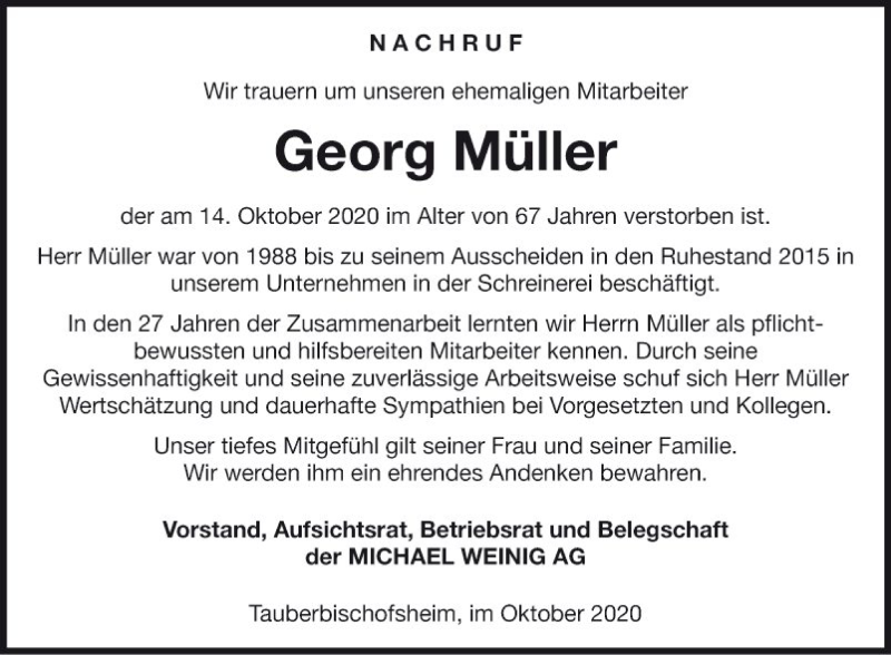  Traueranzeige für Georg Müller vom 22.10.2020 aus Fränkische Nachrichten