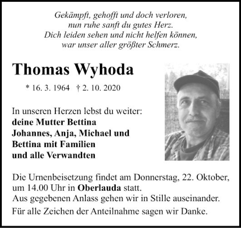  Traueranzeige für Thomas Wyhoda vom 16.10.2020 aus Fränkische Nachrichten