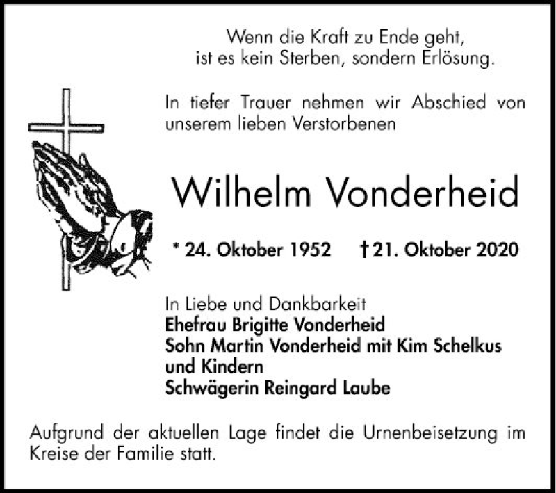  Traueranzeige für Wilhelm Vonderheid vom 24.10.2020 aus Bergsträßer Anzeiger