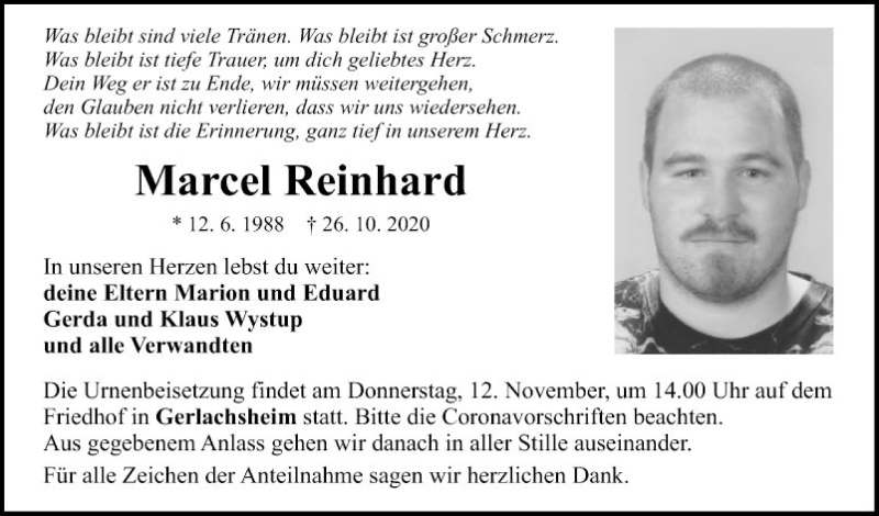  Traueranzeige für Marcel Reinhard vom 07.11.2020 aus Fränkische Nachrichten