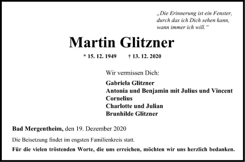  Traueranzeige für Martin Glitzner vom 19.12.2020 aus Fränkische Nachrichten