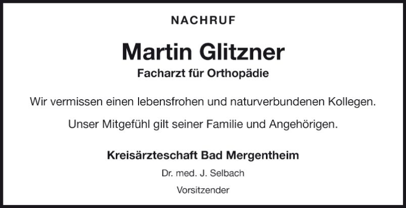  Traueranzeige für Martin Glitzner vom 22.12.2020 aus Fränkische Nachrichten